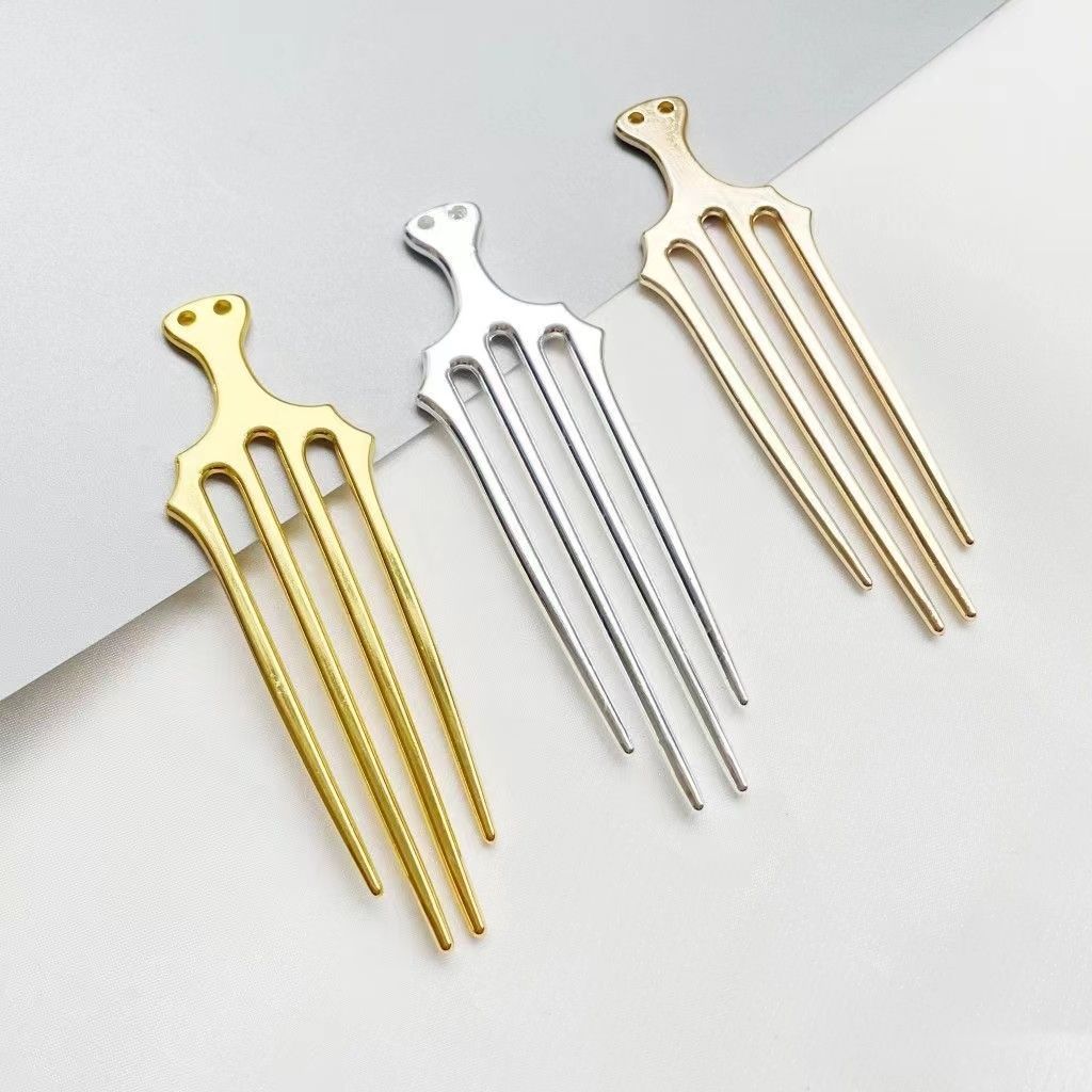 Trident-style metal hair forks in gold, silver, and black finishes, suitable as DIY hairpin findings.