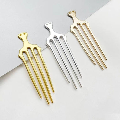 Trident-style metal hair forks in gold, silver, and black finishes, suitable as DIY hairpin findings.
