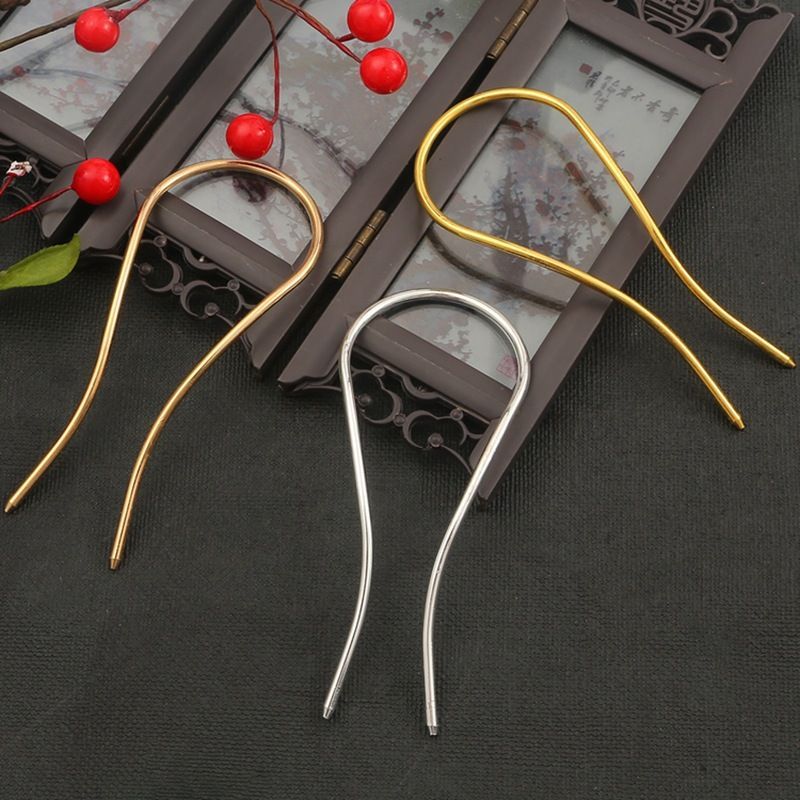 Three metal U-shaped hair fork blanks in gold and silver, presented as DIY supplies for crafting hair accessories.