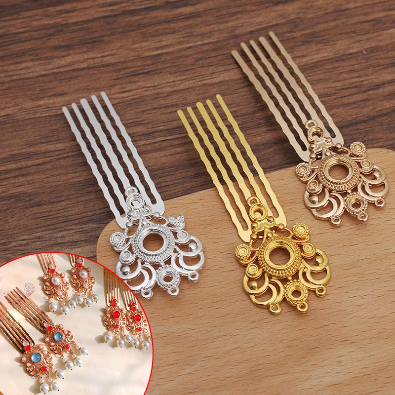 Set of 3 Chinese-style 5-tooth copper hair combs with intricate filigree and dangling pearl accents in silver, gold, and rose gold finish, 75mm length, shown on wooden background