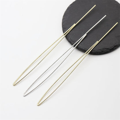 Set of 3 U-shaped Chinese hair sticks made of copper, 17cm long, in gold and silver electroplated finish, minimalist open-loop design, displayed on black slate round plate