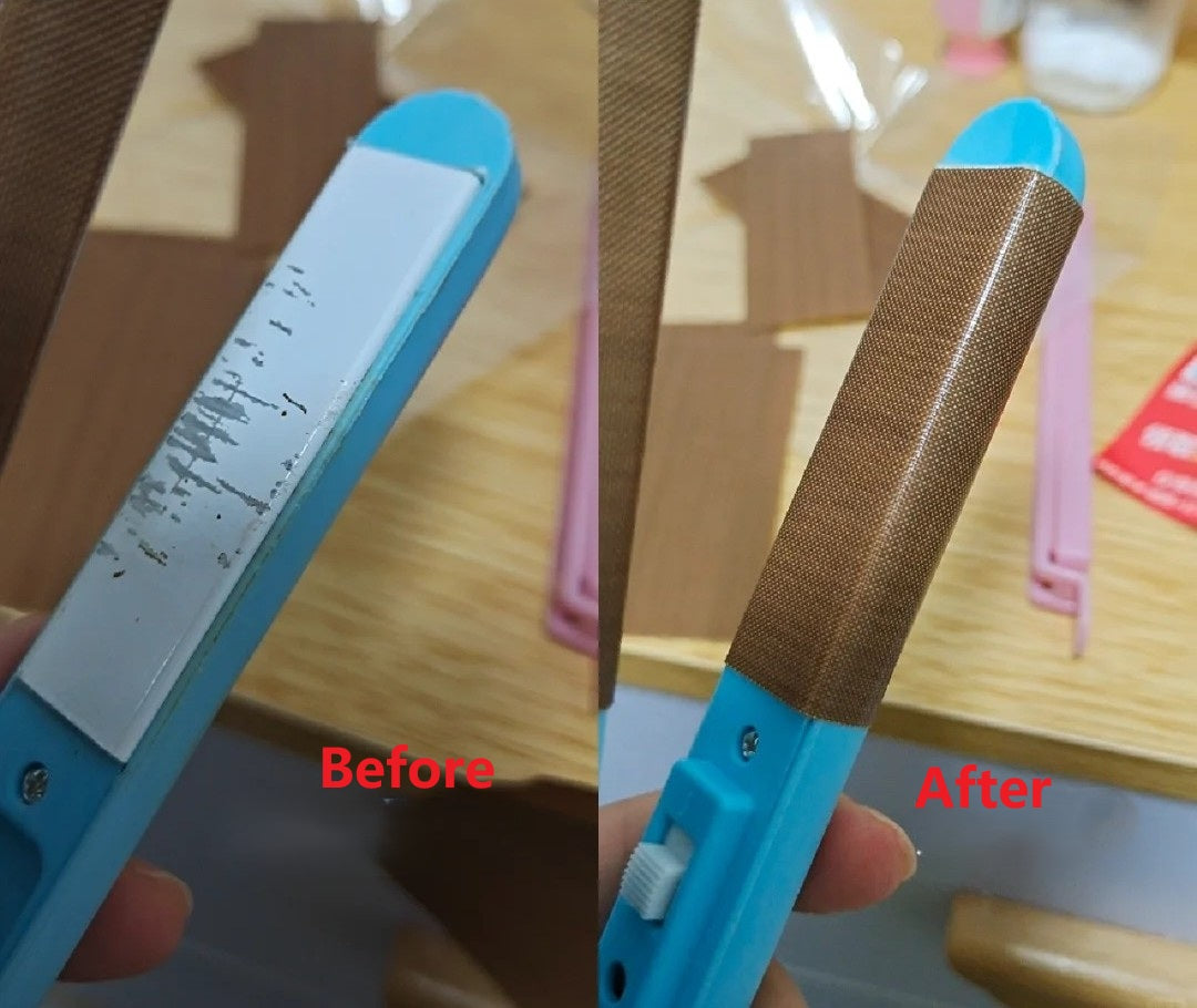Before and after using heat-resistant wrap on velvet flower making iron – damaged plate vs smooth protected surface