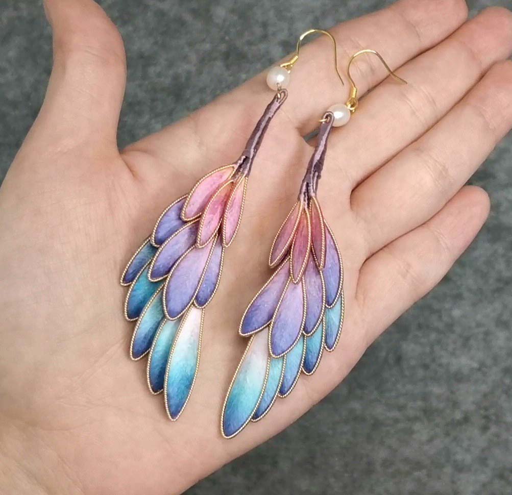 Rainbow Feather Bespoke Earrings-Rainbow Silk Earrings(Ronghua)