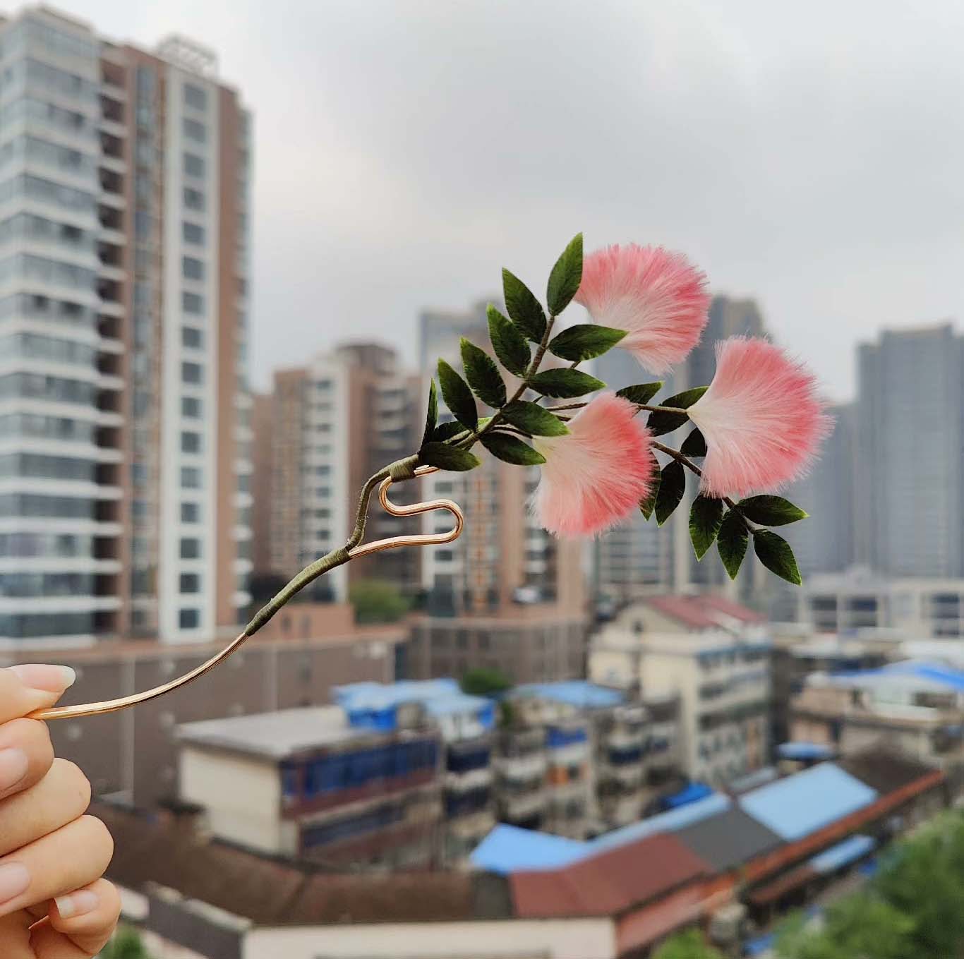 Handmade Acacia flower brooch and hairpi.Natural silk Pink Ronghua 