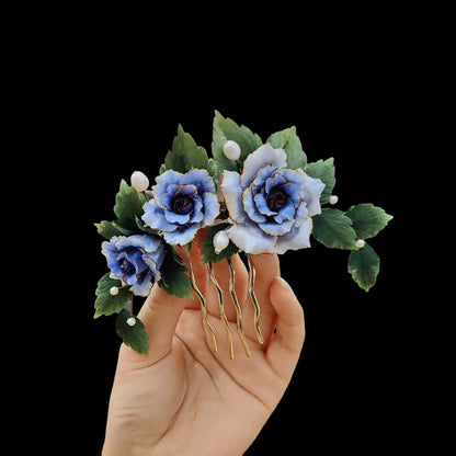 Rose Bespoke Hairpin-Silk Hairpin(Ronghua).Elegant blue roses