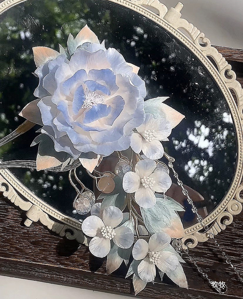 White And Blue Peony Bespoke Hairpin - Silk Flower(Ronghua)