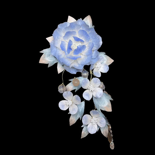 White And Blue Peony Bespoke Hairpin - Silk Flower(Ronghua)