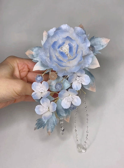 White And Blue Peony Bespoke Hairpin - Silk Flower(Ronghua)