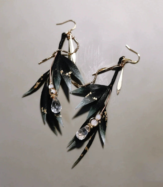 Black Leaves Bespoke Earrings - Silk Earrings(Ronghua)