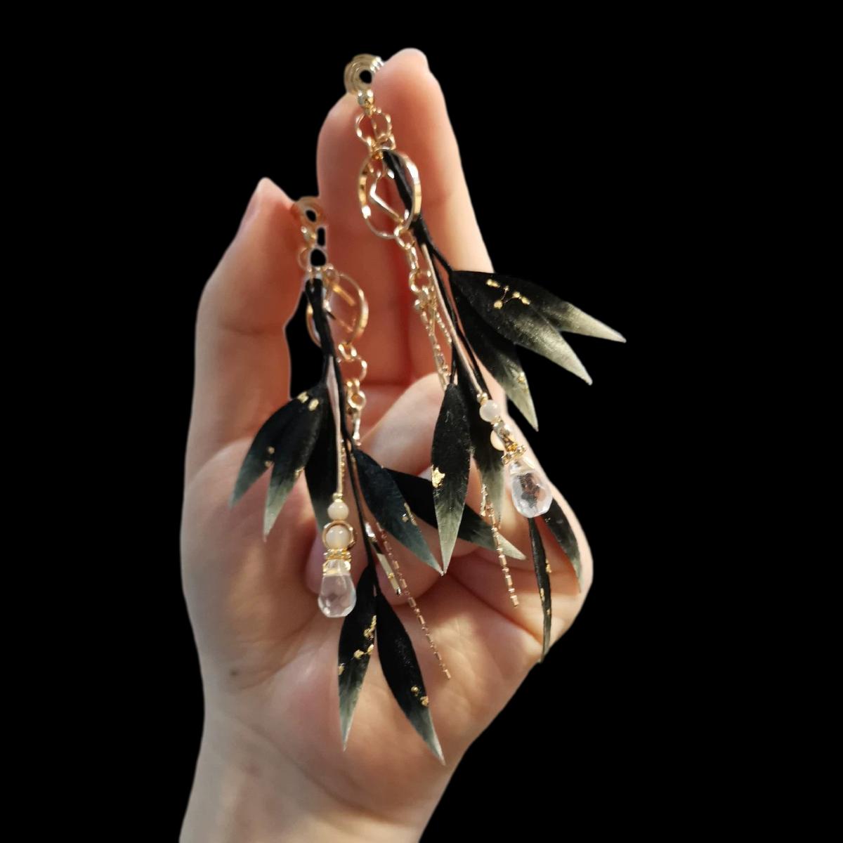 Black Leaves Bespoke Earrings - Silk Earrings(Ronghua)