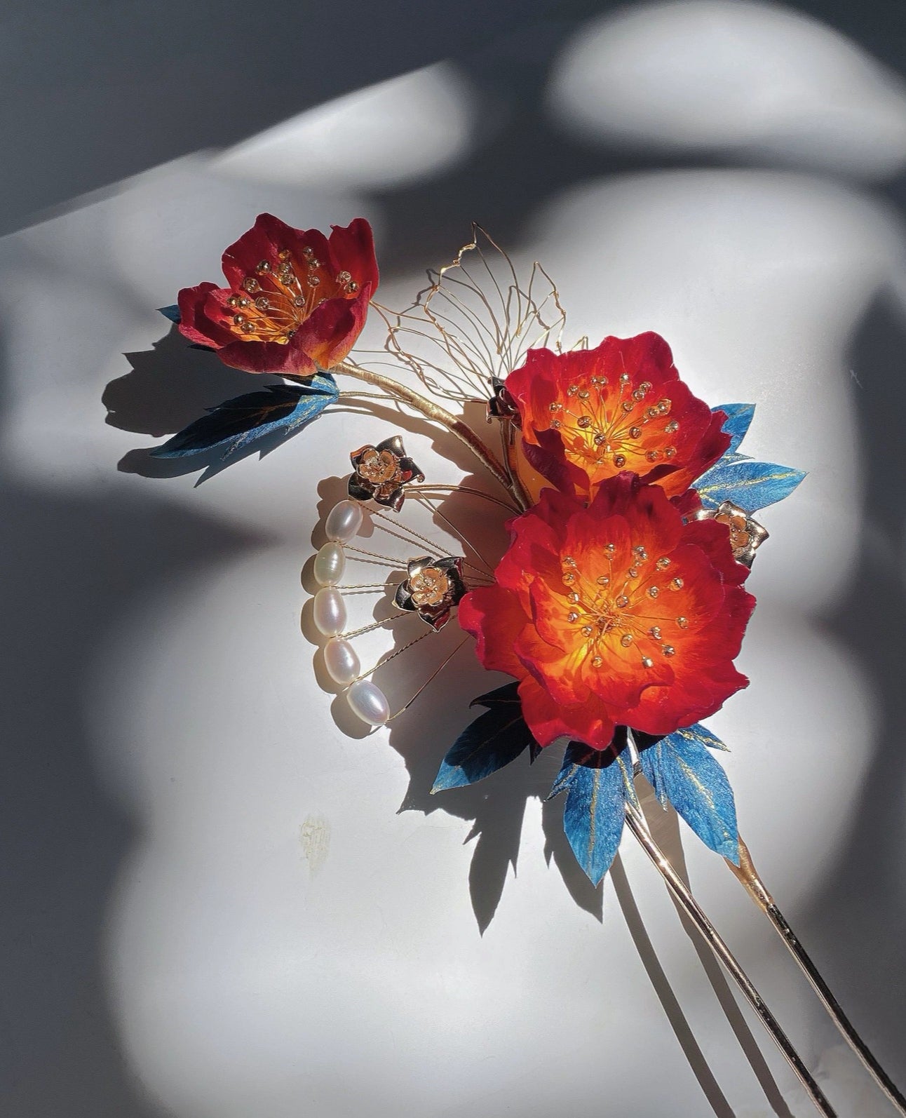 Flame Colored Flowers Bespoke Hairpin - Silk Flower(Ronghua)