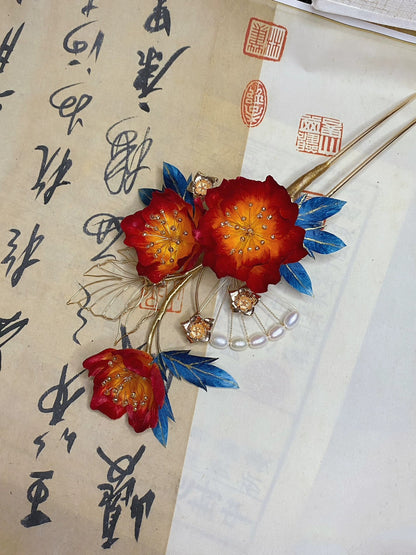 Flame Colored Flowers Bespoke Hairpin - Silk Flower(Ronghua)