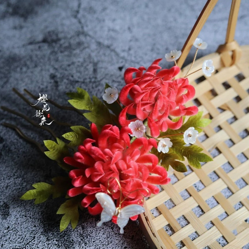 Pink Chrysanthemum Bespoke Hairpin - Silk Hairpin(Ronghua)