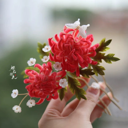 Pink Chrysanthemum Bespoke Hairpin - Silk Hairpin(Ronghua)