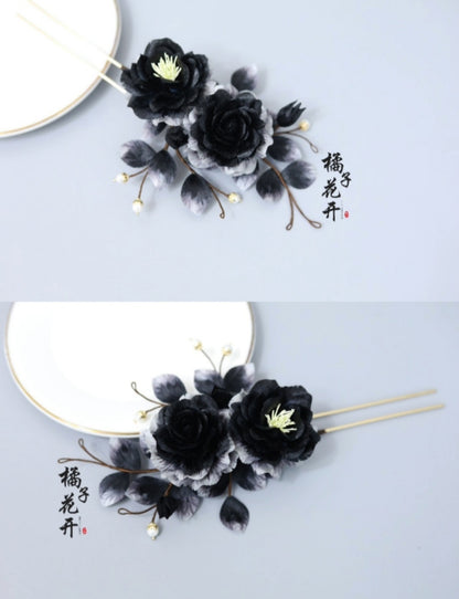 Black Rose Bespoke Hairpin - Silk Hairpin(Ronghua)