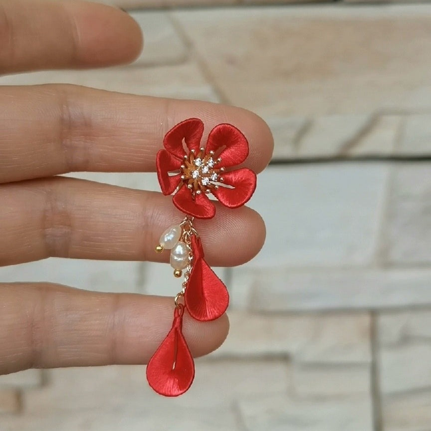 Plum Blossom Bespoke Earrings - Red Silk Earrings(Chanhua)