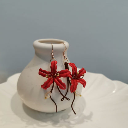 Red Spider Lily Bespoke Earrings - Red Silk Earrings(Chanhua)