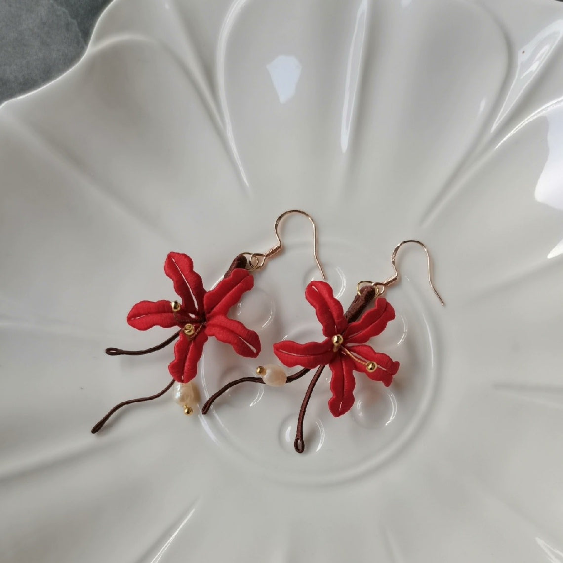 Red Spider Lily Bespoke Earrings - Red Silk Earrings(Chanhua)