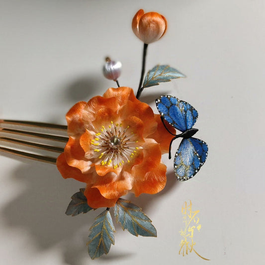 Peony And Butterfly Bespoke Hairpin - Silk Hairpin(Ronghua)