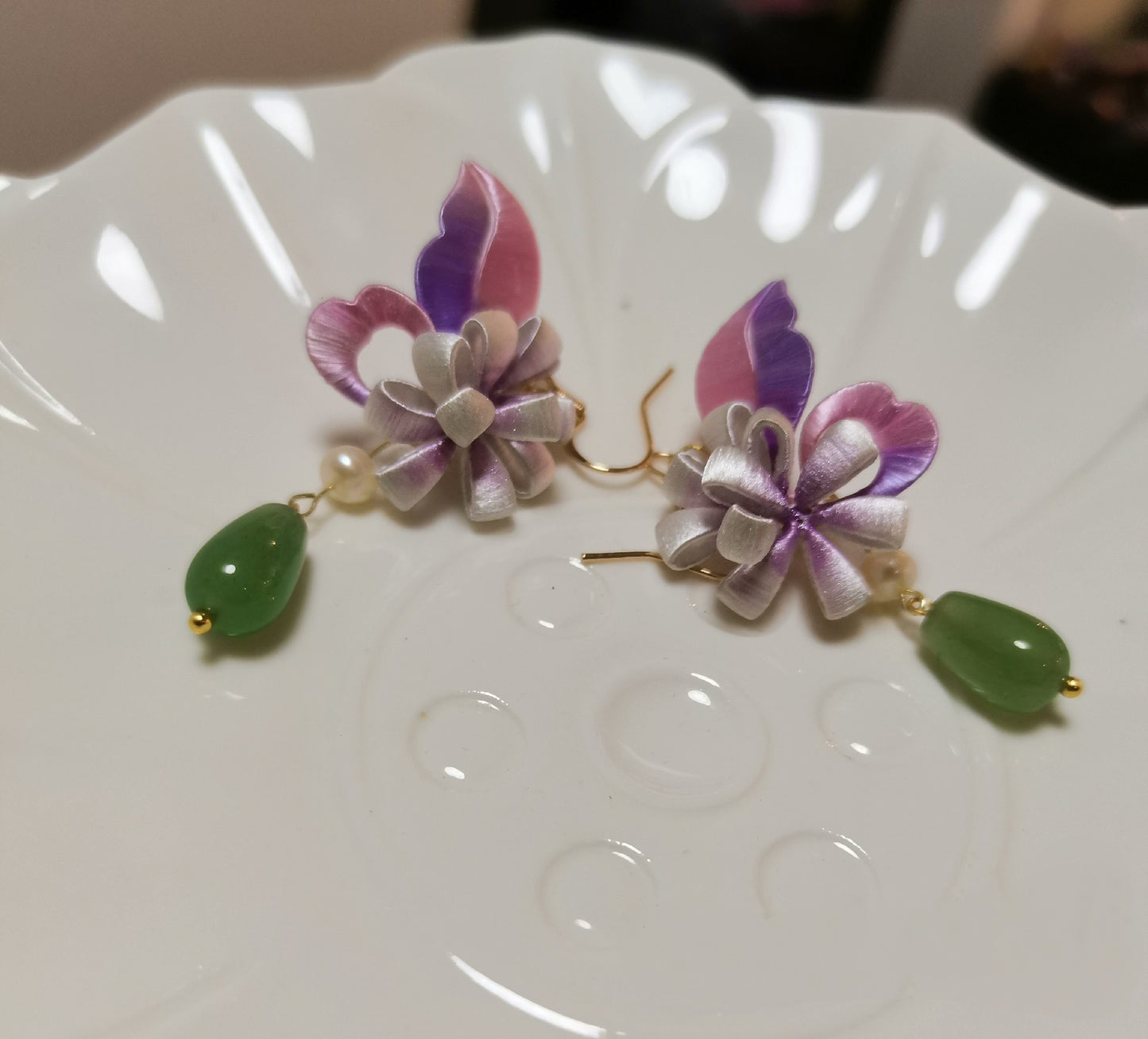 Butterfly And Flower Bespoke Earrings - Silk Earrings(Chanhua)