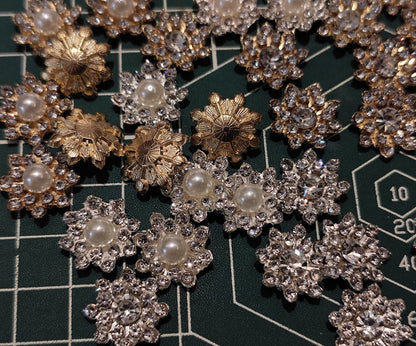 MF002  16mm Metal Snowflake Flower Center Embellishment - Rhinestone & Pearl Charm for DIY Jewelry, Ronghua & Craft Accessories