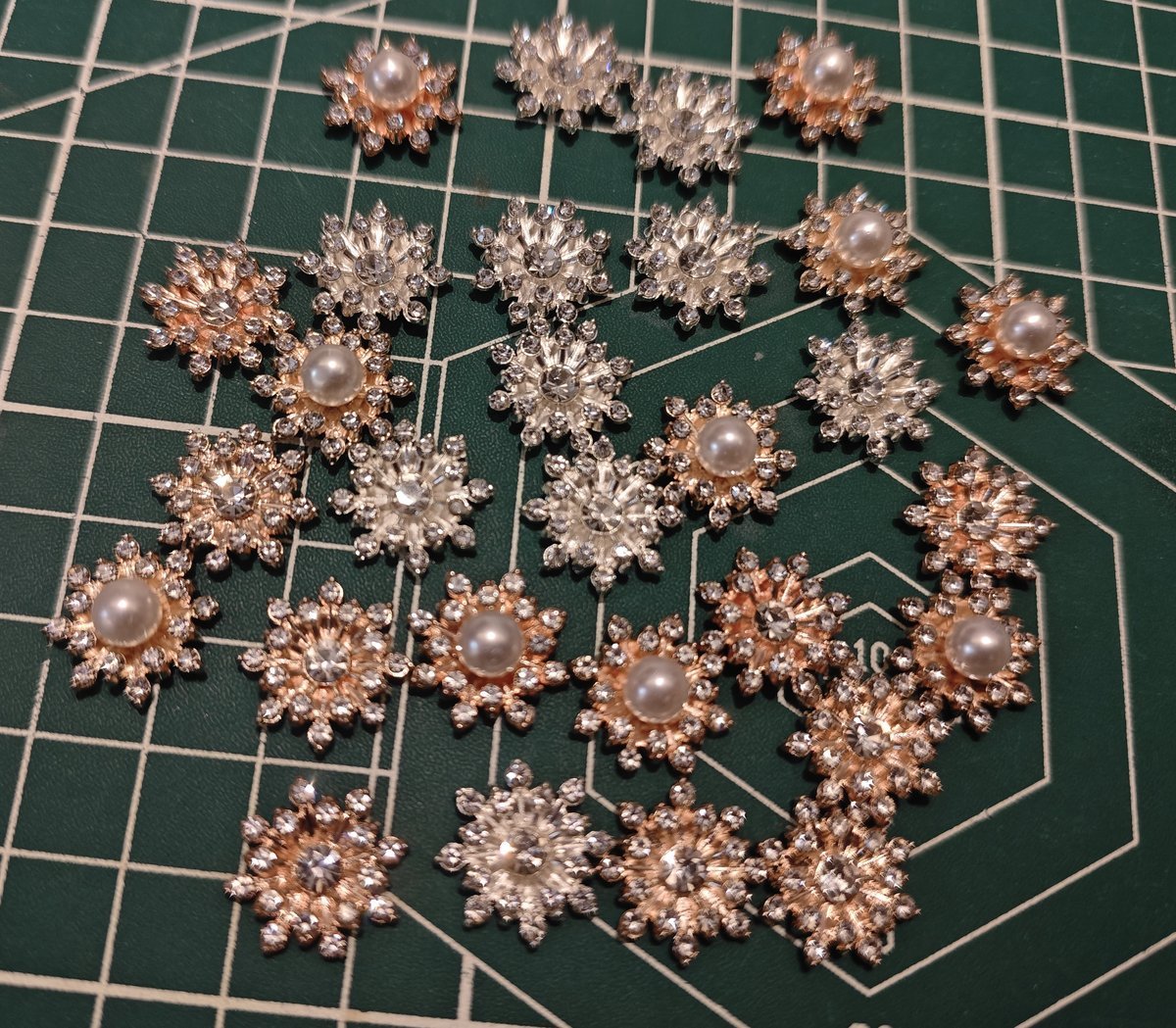 Assortment of Flatback Snowflake Charms (Rose Gold & Silver, Pearl & Rhinestone Centers) for Jewelry Making