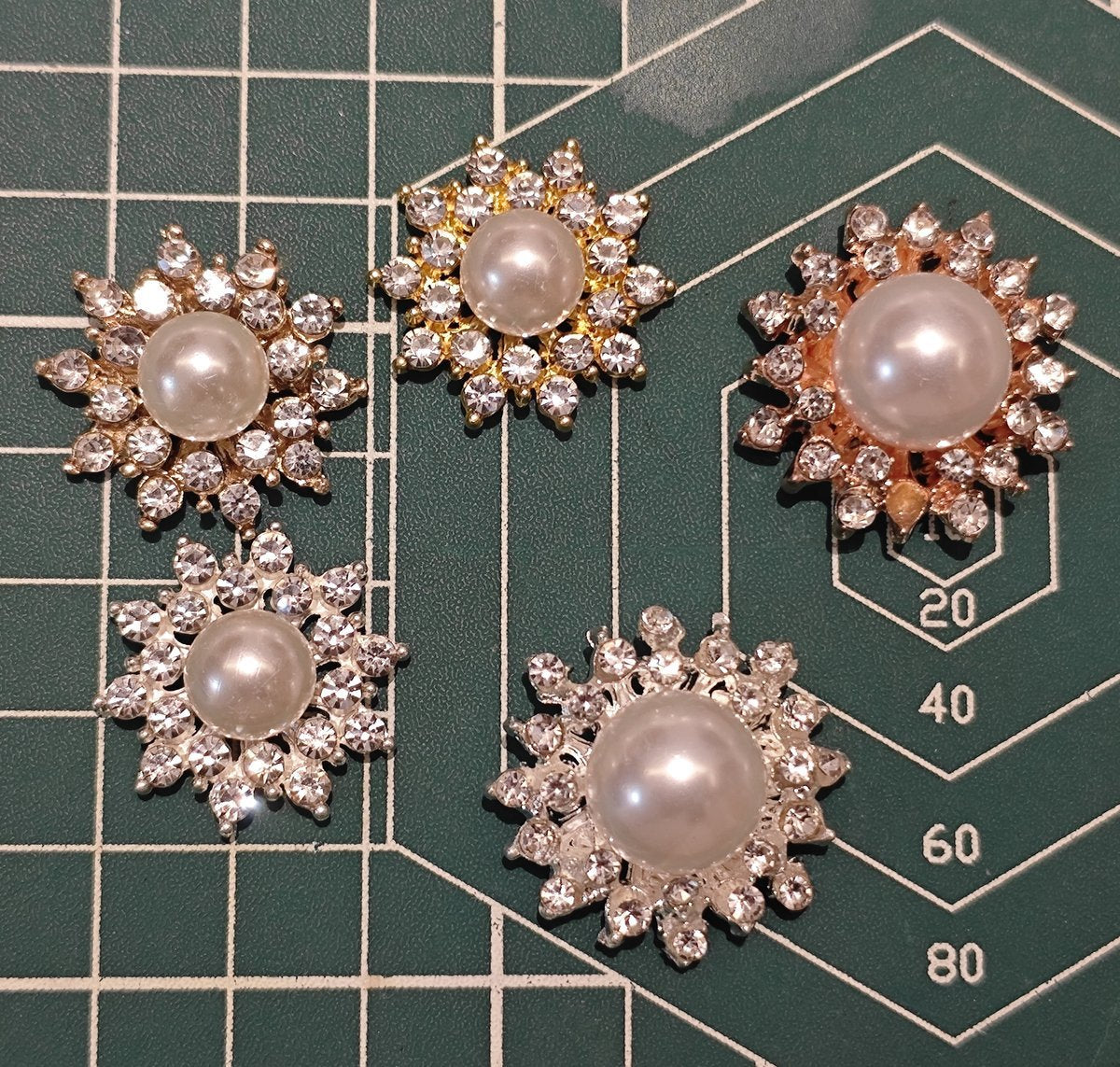 Assortment of Large 28mm Metal Flower Center Charms with Pearls and Rhinestones (Gold, Rose Gold, Silver)