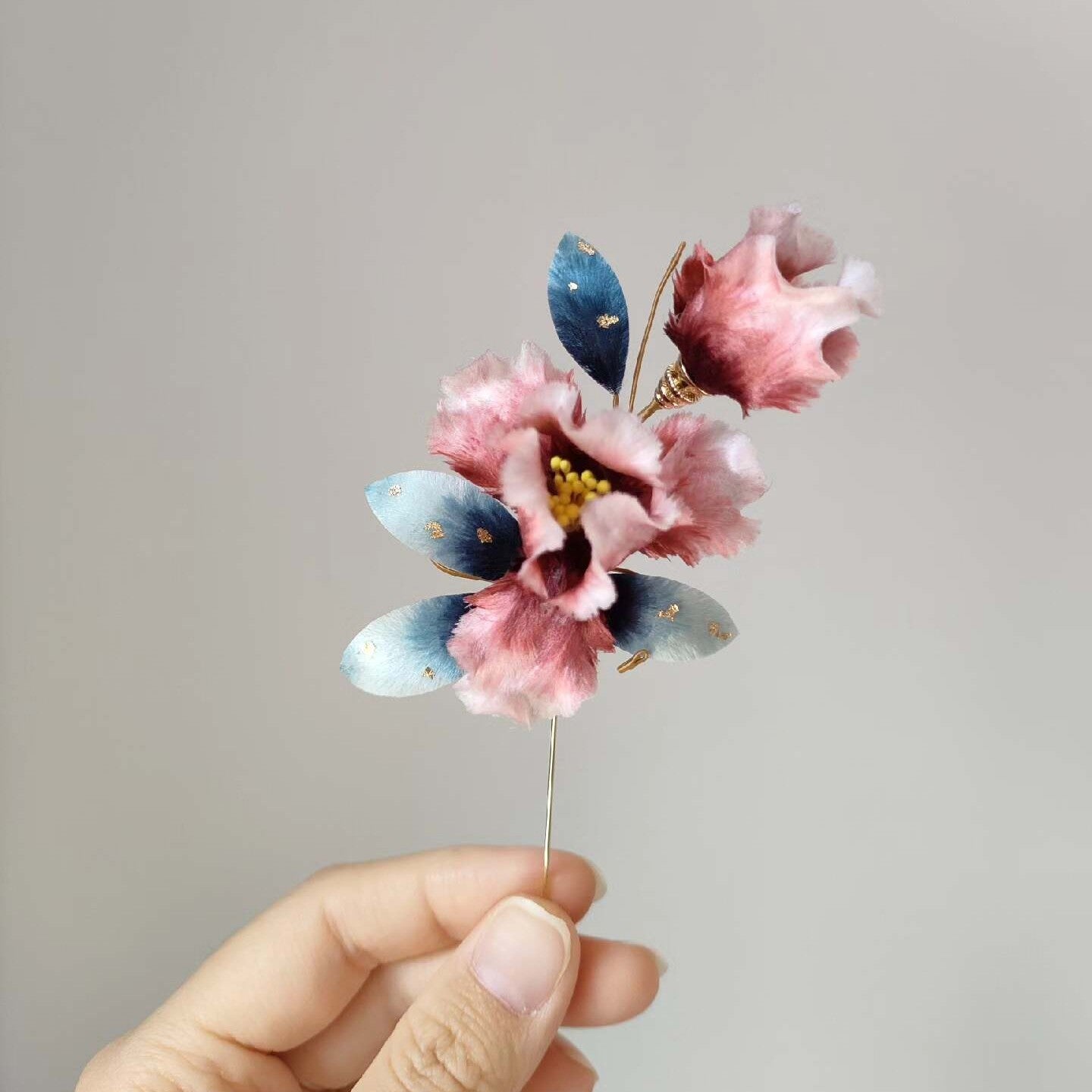 Handmade Ronghua Iris Brooch - Pink & Teal with Gold Detail