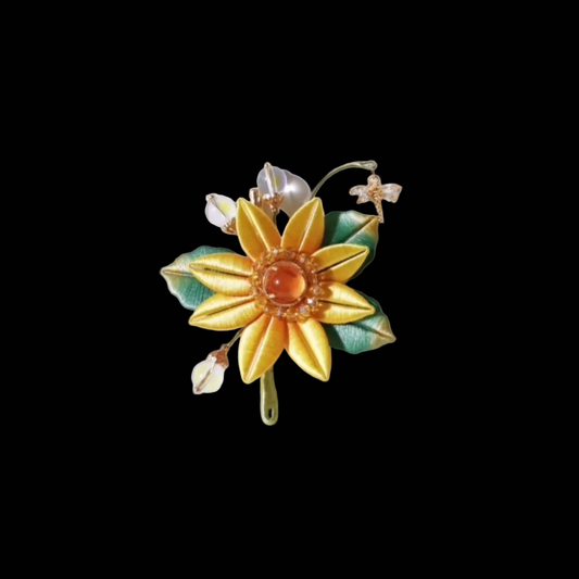 Handmade Chanhua Sunflower Brooch - Crystal & Moonstone Accents