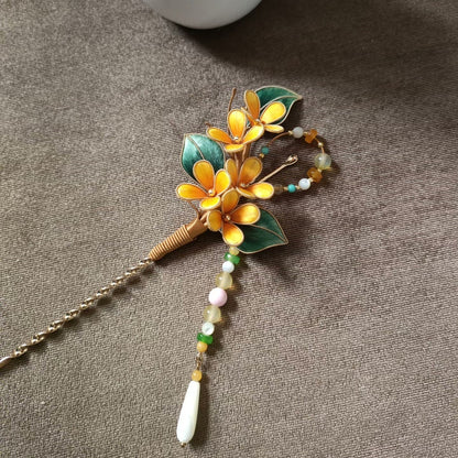 Handmade Ronghua Osmanthus Hairpin - Gold Edge with Beaded Chain Drop