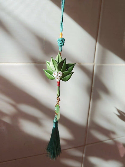 Handmade Chanhua Pomelo Leaf Pendant - Jade Ring & Tassel - Bag, Car & Home Charm
