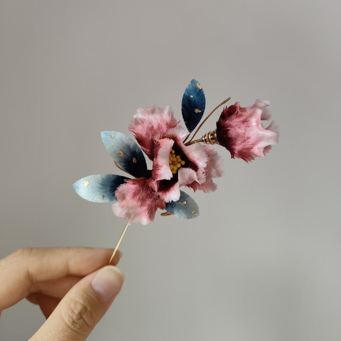 Handmade Ronghua Iris Brooch - Pink & Teal with Gold Detail