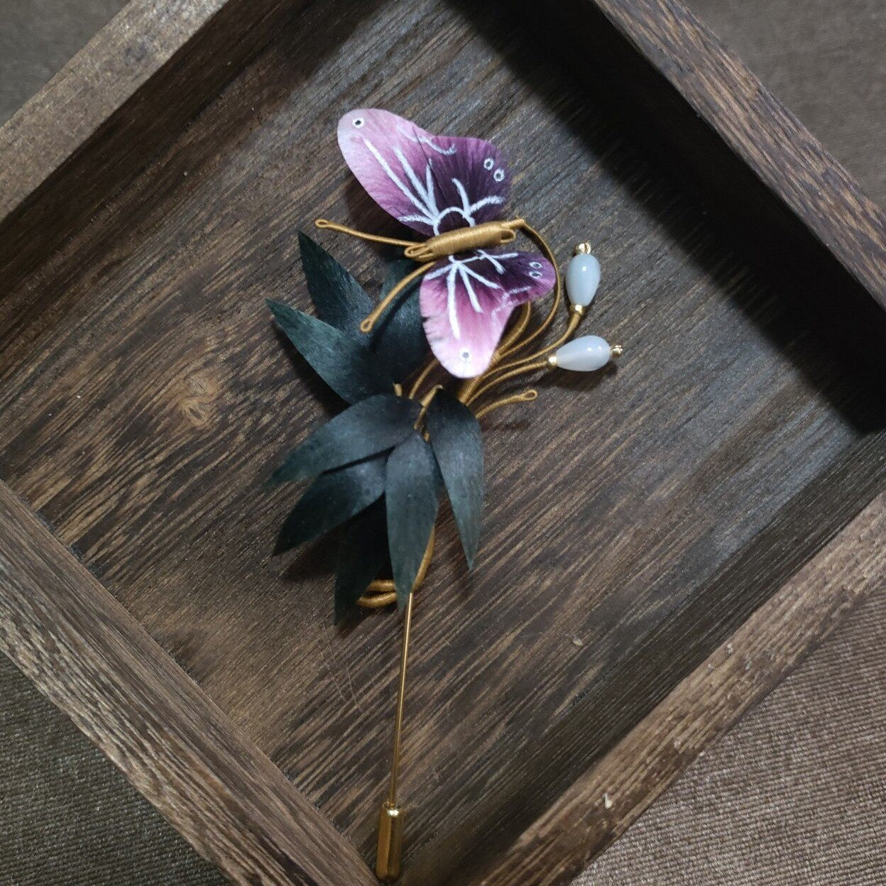 Handmade Ronghua Bamboo & Butterfly Brooch - Pearl Drop - Wedding & Daily