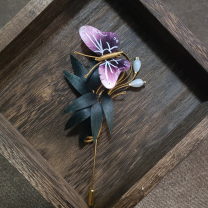 Handmade Ronghua Bamboo & Butterfly Brooch - Pearl Drop - Wedding & Daily