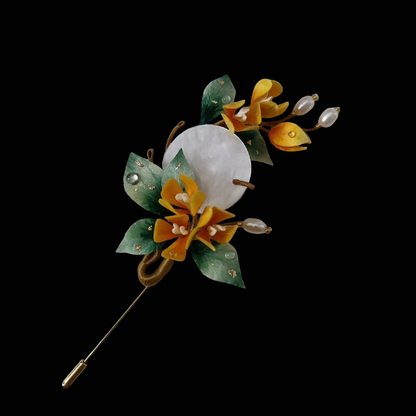 Handmade Ronghua Osmanthus Brooch - Jade Disc & Pearl - Wedding & Daily