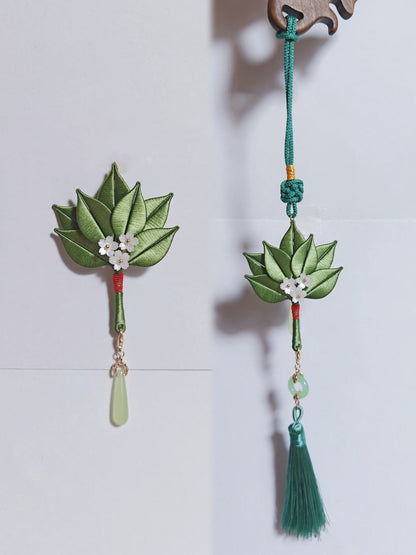Handmade Chanhua Pomelo Leaf Pendant - Jade Ring & Tassel - Bag, Car & Home Charm
