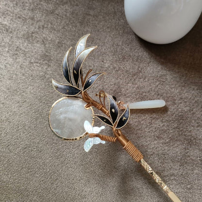 Handmade Ronghua Bamboo & Moon Hairpin - Dark Leaves with Jade Drop