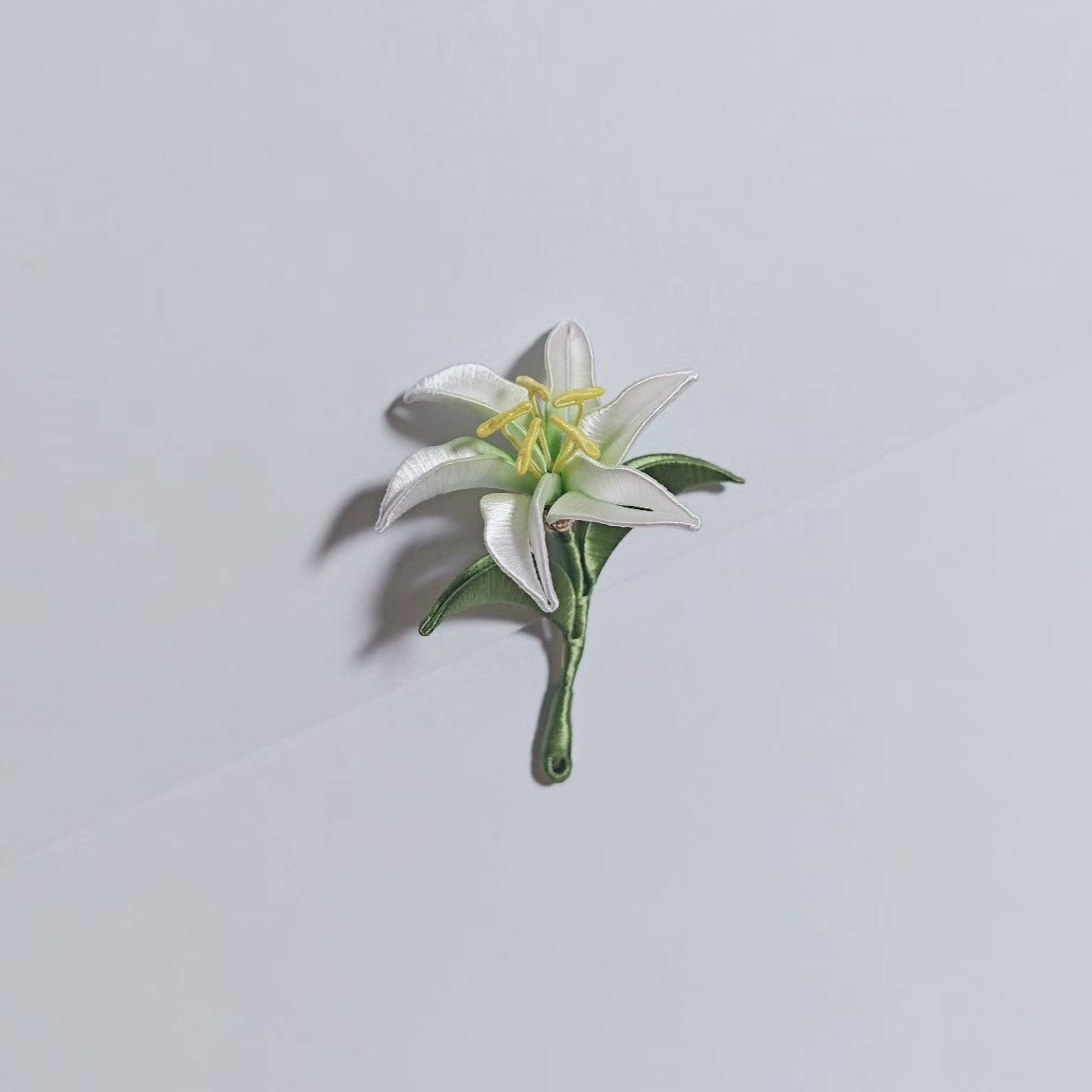 Handmade Chanhua Lily Brooch - Yellow Stamens & Green Leaves