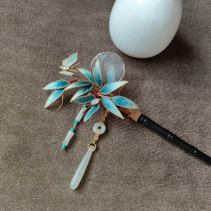 Handmade Ronghua Bamboo & Butterfly Hairpin - Teal with Jade & Crystal
