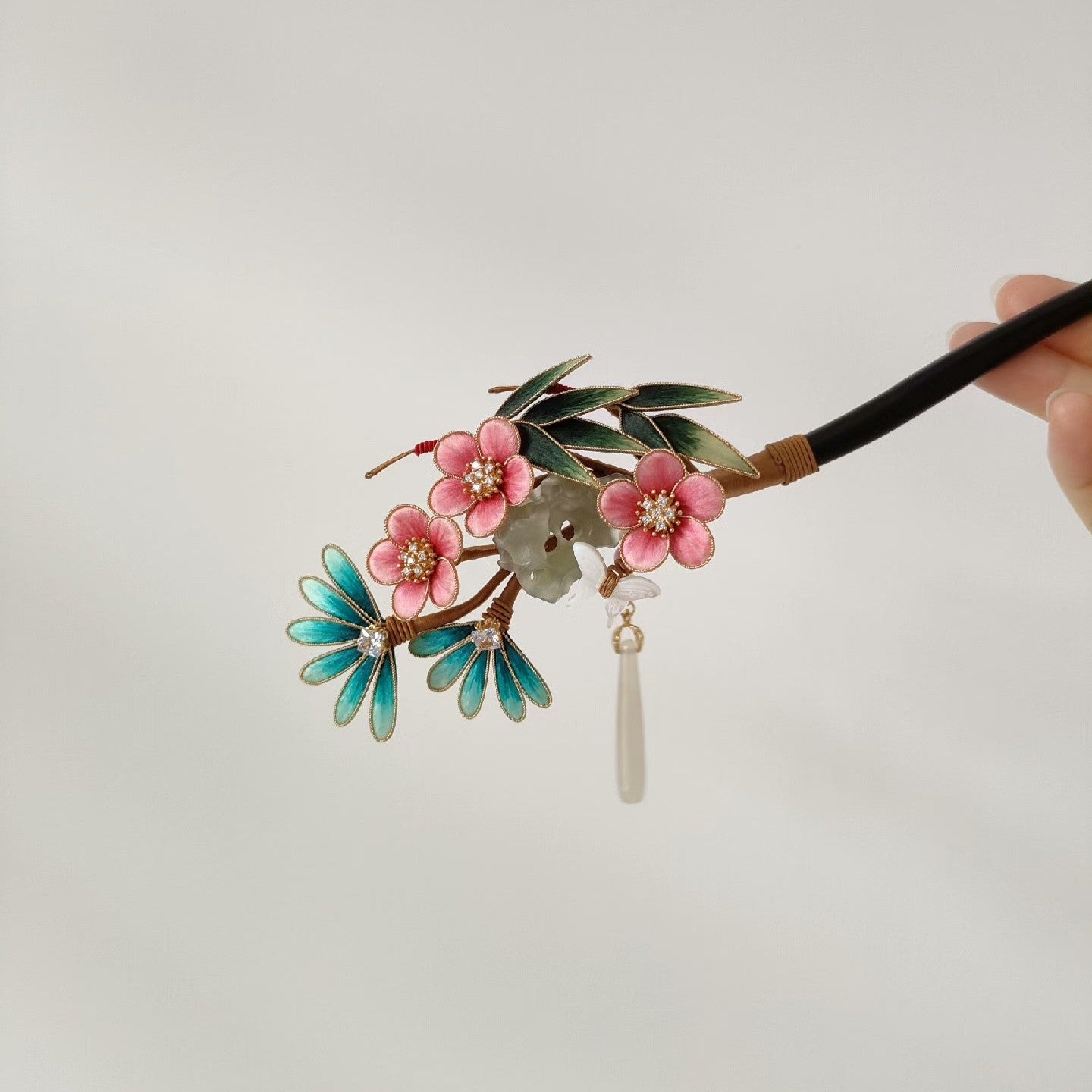 Handmade Ronghua Pine Bamboo Plum Hairpin - Pink & Teal with Jade Drop