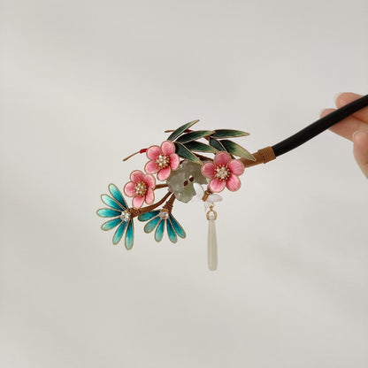 Handmade Ronghua Pine Bamboo Plum Hairpin - Pink & Teal with Jade Drop