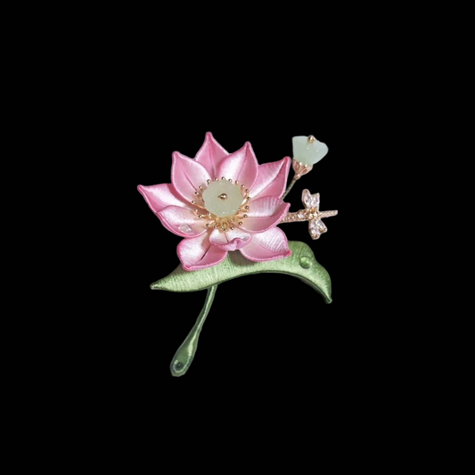 Handmade Chanhua Lotus Brooch - Pink Flower with Jade Bud & Dragonfly