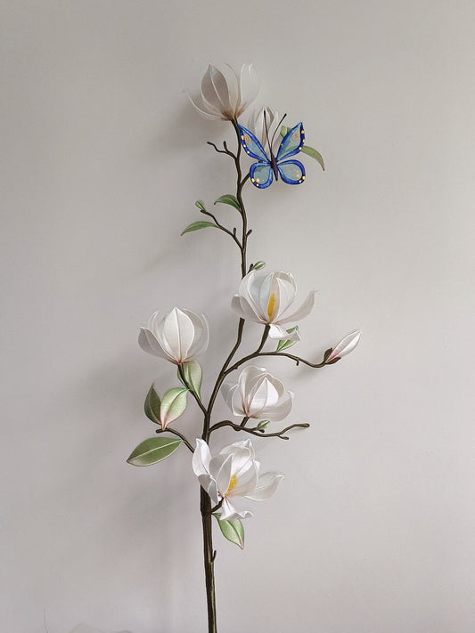 Luxury 3D embroidery floral branch featuring artisanal silk-thread magnolia blossoms for high-end home vase arrangements.