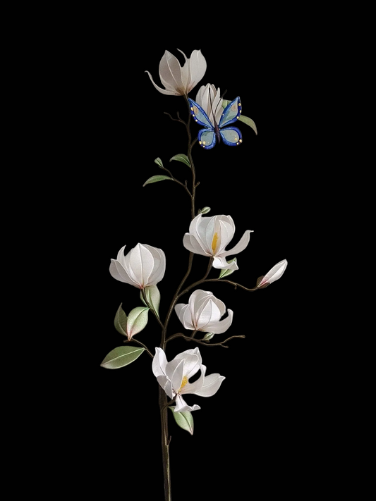 Handcrafted 50cm Chanhua magnolia branch with white thread-wrapped flowers and a blue butterfly decor.