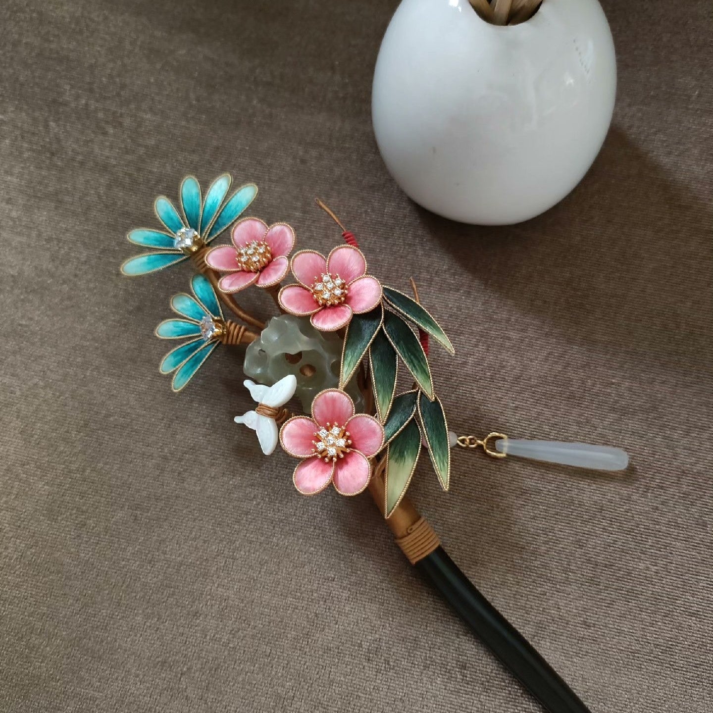 Handmade Ronghua Pine Bamboo Plum Hairpin - Pink & Teal with Jade Drop