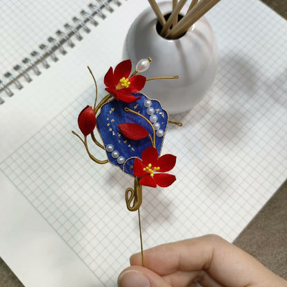 Handmade Ronghua Plum Blossom Fan Brooch - Blue & Red with Pearl