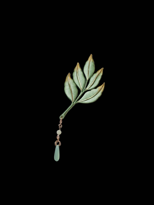 Handmade Chanhua Green Leaf Brooch - Gold Edge with Jade Drop