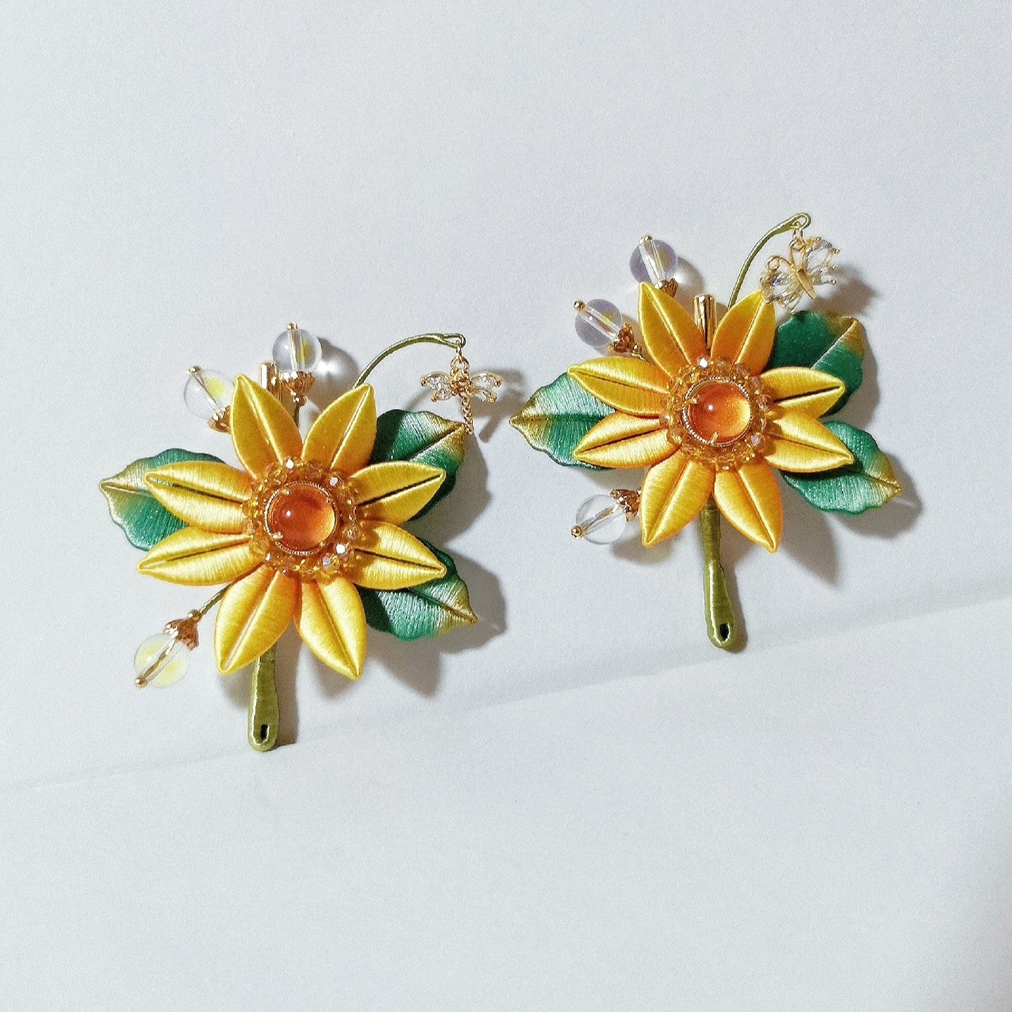 Handmade Chanhua Sunflower Brooch - Crystal & Moonstone Accents