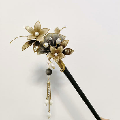 Handmade Ronghua Ink Wash Flower Hairpin - Gold & Grey with Pearl Tassel Drop