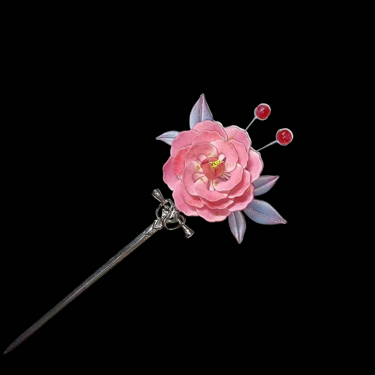 Handcrafted Chanhua thread-wrapped hairpin featuring a large pink and blue gradient peony blossom with purple leaves and red bead accents